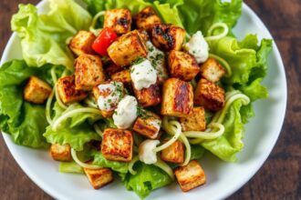 Crispy tofu vegan Caesar salad with bold, fresh flavor.