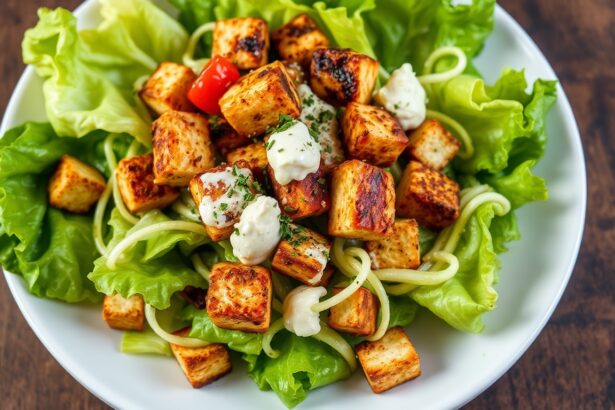 Crispy tofu vegan Caesar salad with bold, fresh flavor.