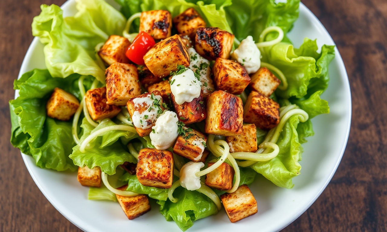 Crispy tofu vegan Caesar salad with bold, fresh flavor.