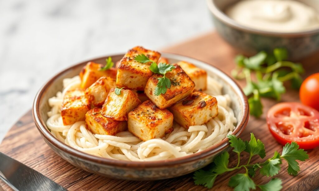 Crispy tofu vegan Caesar salad, a bold flavor-packed fresh twist.