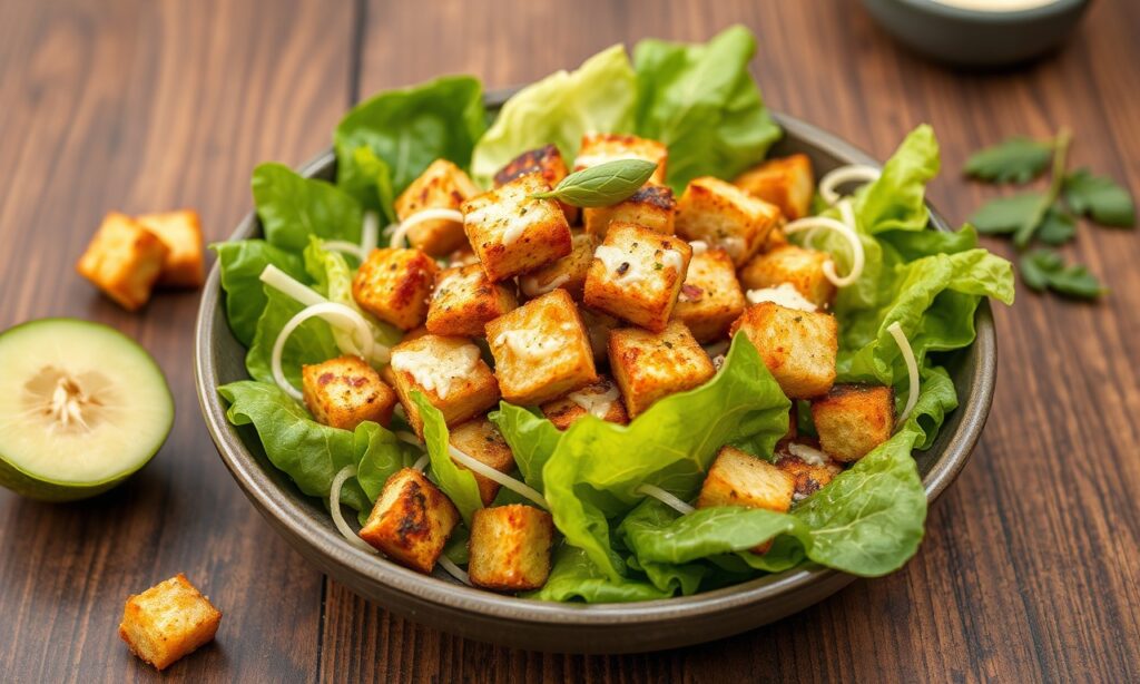 Crispy tofu vegan Caesar salad: bold, flavorful, fresh twist on a classic.