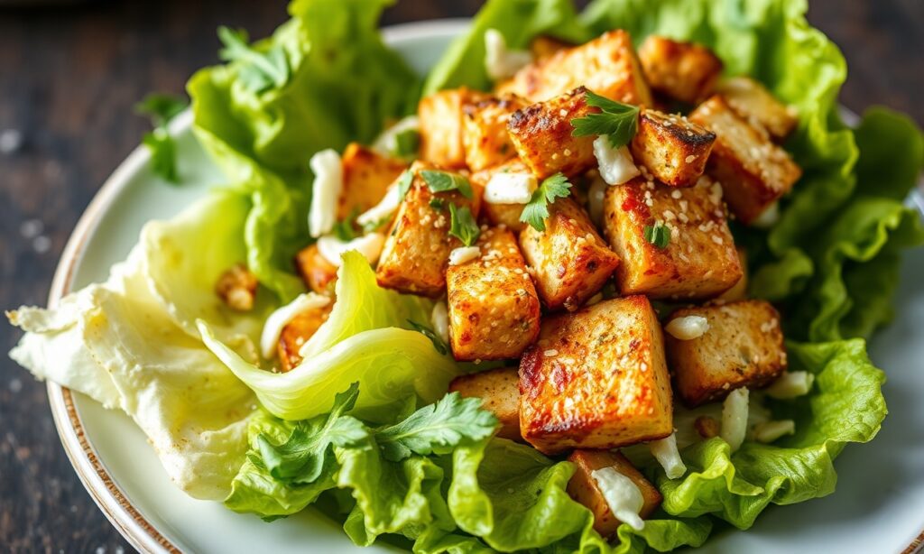 Crispy tofu vegan Caesar salad: bold, flavorful, fresh twist on a classic.