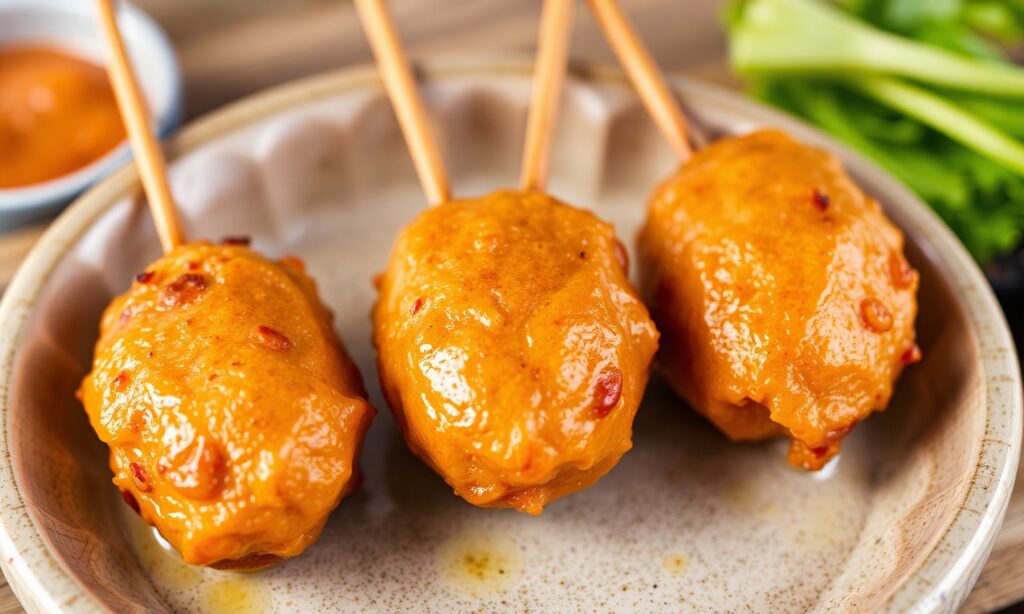 Delicious Japanese chicken skewers, irresistible tsukune street food.