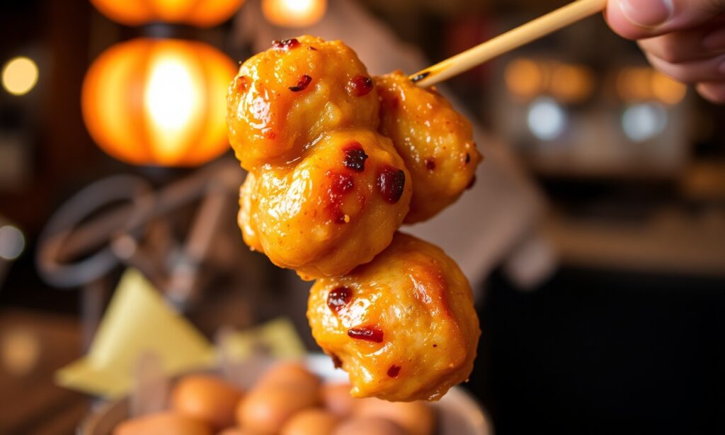 Juicy Japanese chicken skewers (tsukune) served with savory glaze.