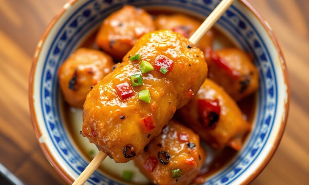 Juicy Japanese chicken skewers (tsukune) served with savory glaze.