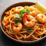Savory shrimp Pad Thai, a delicious gluten-free noodle dish.