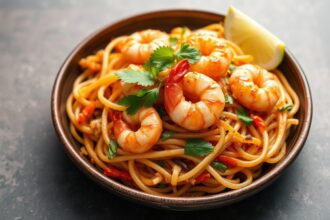 Savory shrimp Pad Thai, a delicious gluten-free noodle dish.