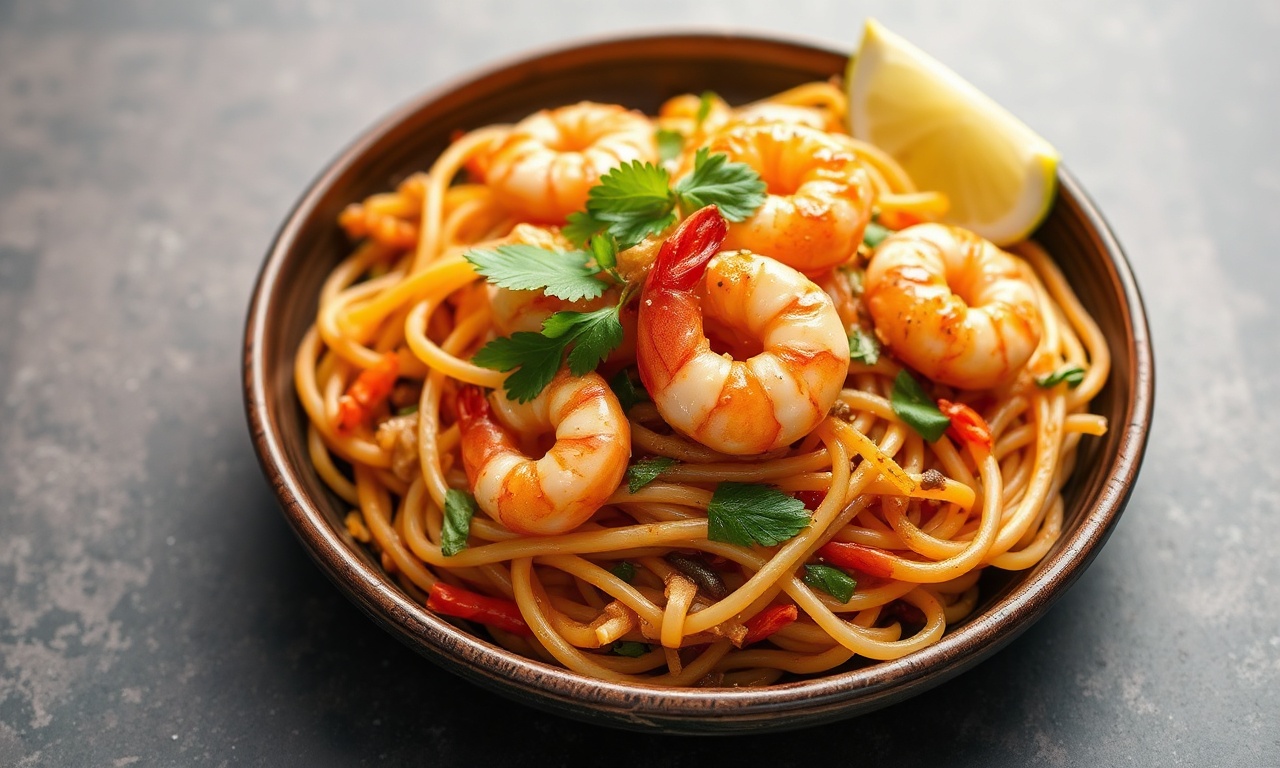 Savory shrimp Pad Thai, a delicious gluten-free noodle dish.