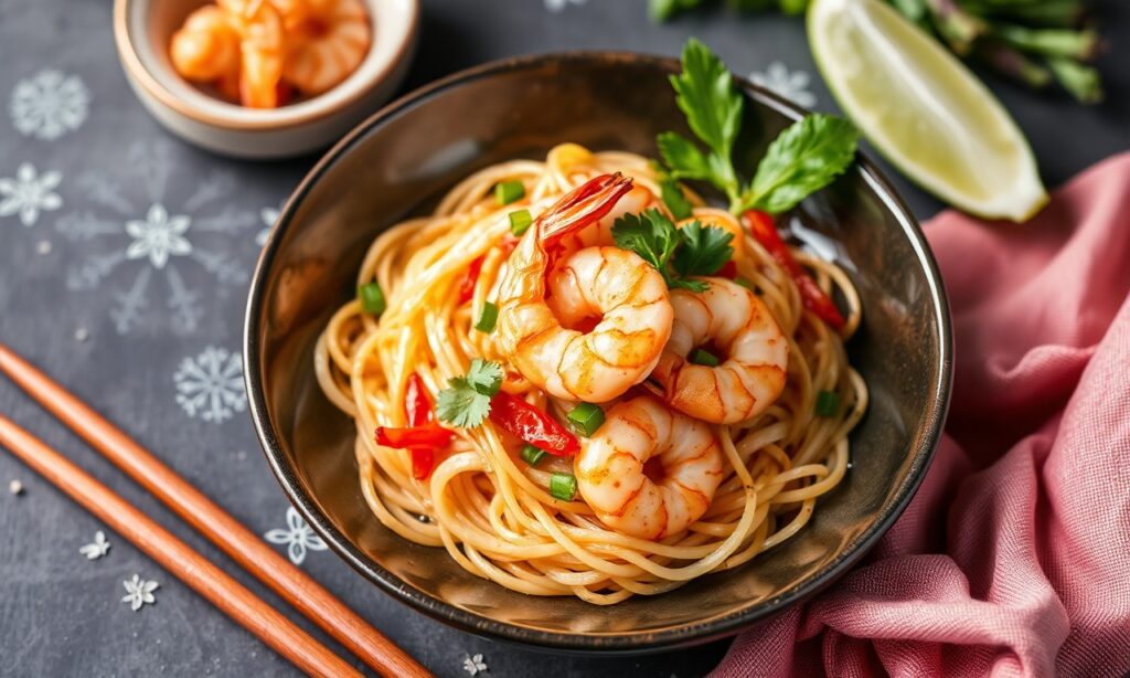 Savory Shrimp Pad Thai: gluten-free delight with balanced flavors.