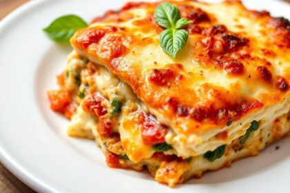 Hearty loaded veggie white lasagna: creamy garden delight.