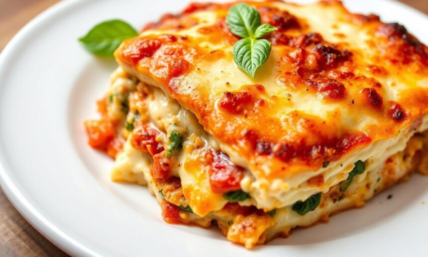 Hearty loaded veggie white lasagna: creamy garden delight.