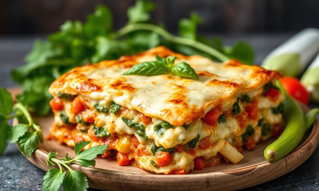 Hearty loaded veggie white lasagna: creamy, colorful garden delight.