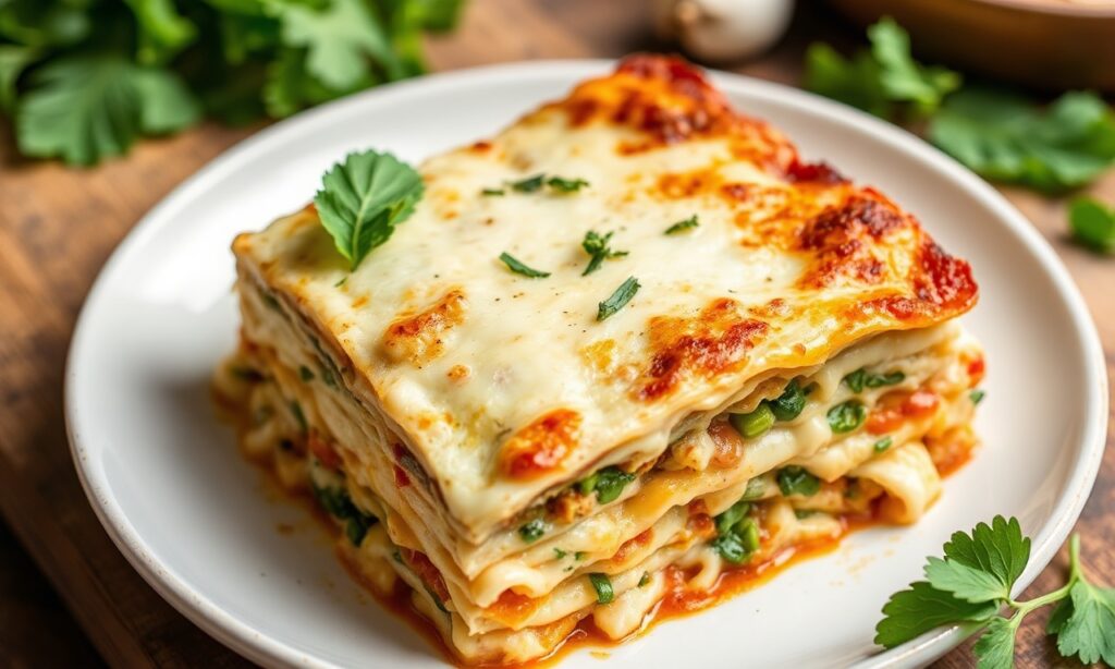 Hearty loaded veggie white lasagna: creamy, cheesy garden delight.