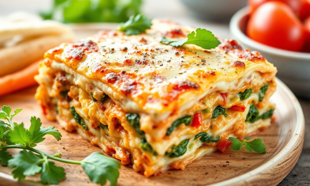 Hearty loaded veggie white lasagna: creamy, cheesy garden delight.