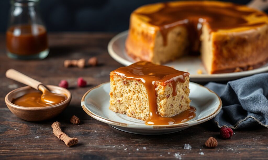 Rich sticky toffee pudding slice, a comforting British dessert.