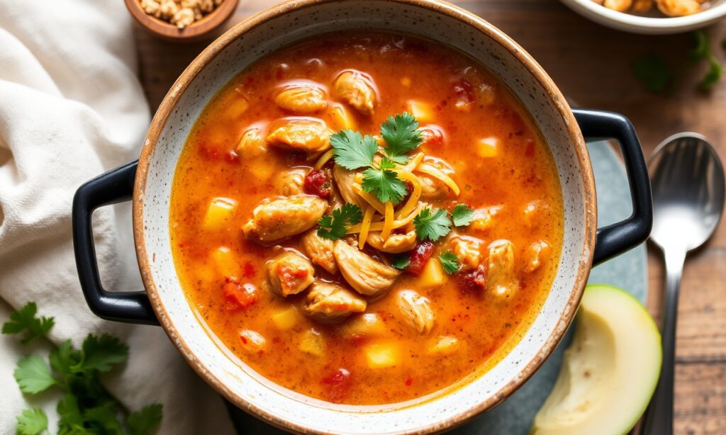 Hearty slow cooker chicken enchilada soup: ultimate comfort food recipe.