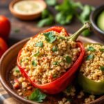 Quinoa-stuffed Mediterranean peppers with Greek-inspired flavor.