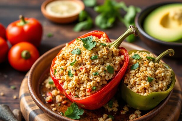 Quinoa-stuffed Mediterranean peppers with Greek-inspired flavor.