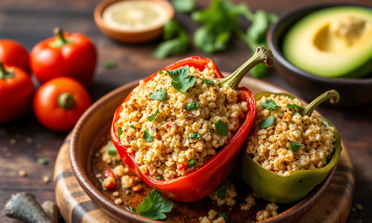 Quinoa-stuffed Mediterranean peppers with Greek-inspired flavor.