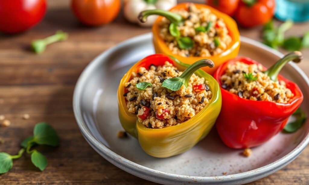Quinoa-stuffed peppers, Mediterranean magic, Greek-inspired flavor recipe.