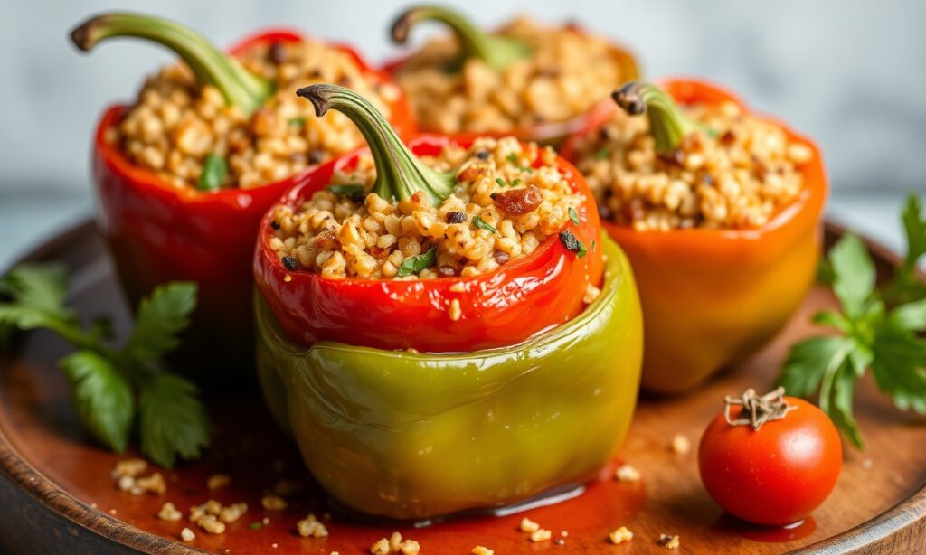 Mediterranean quinoa-stuffed peppers bursting with vibrant Greek flavor.