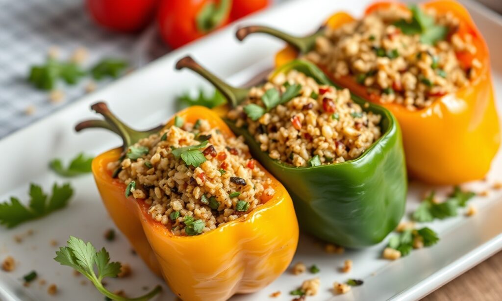 Mediterranean quinoa-stuffed peppers bursting with vibrant Greek flavor.