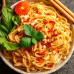 Fiery spicy rice noodle salad, ultimate flavors crafted perfectly.