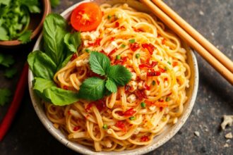 Fiery spicy rice noodle salad, ultimate flavors crafted perfectly.