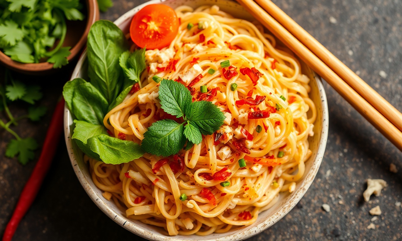 Fiery spicy rice noodle salad, ultimate flavors crafted perfectly.