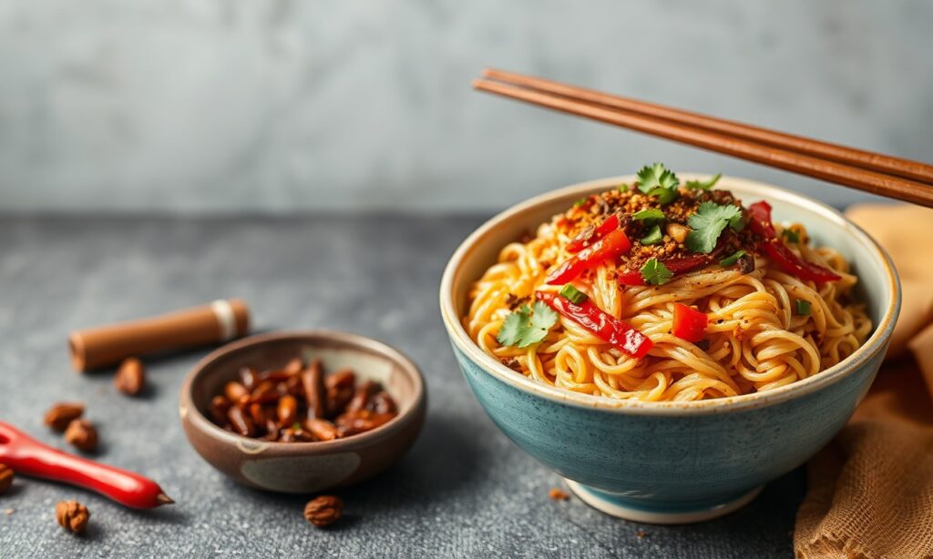 Spicy rice noodle salad with fiery flavors, perfectly crafted.