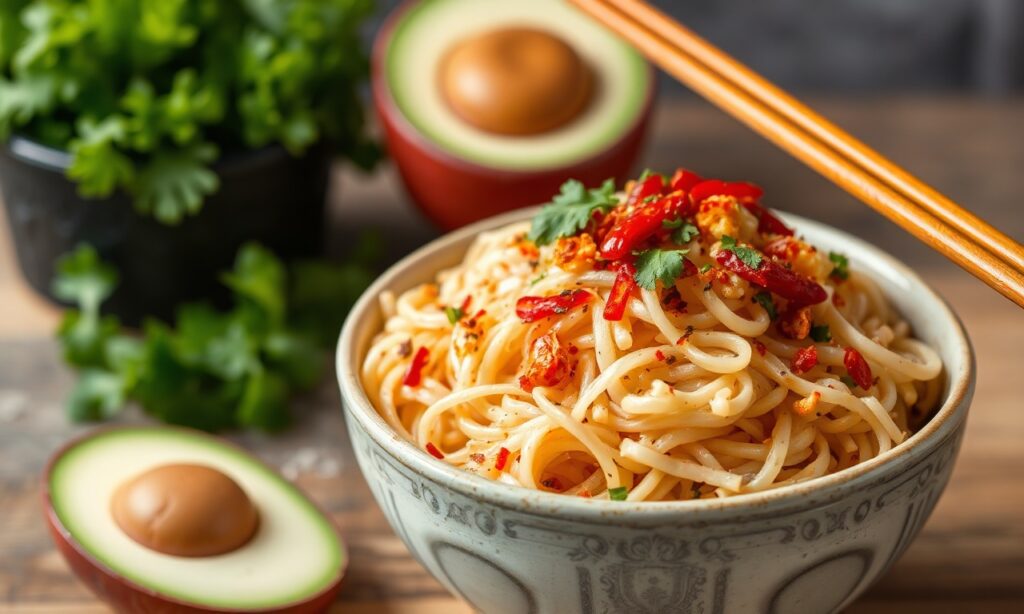 Fiery spicy rice noodle salad, bursting with bold flavors.