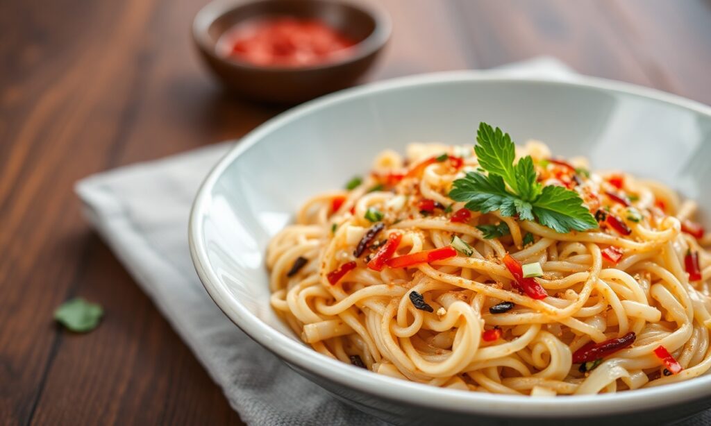 Fiery spicy rice noodle salad, bursting with bold flavors.