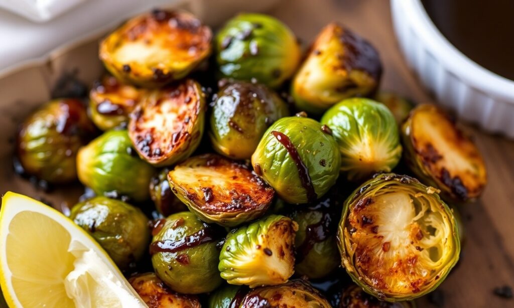 Crispy roasted balsamic Brussels sprouts, a delicious vegetable side dish.