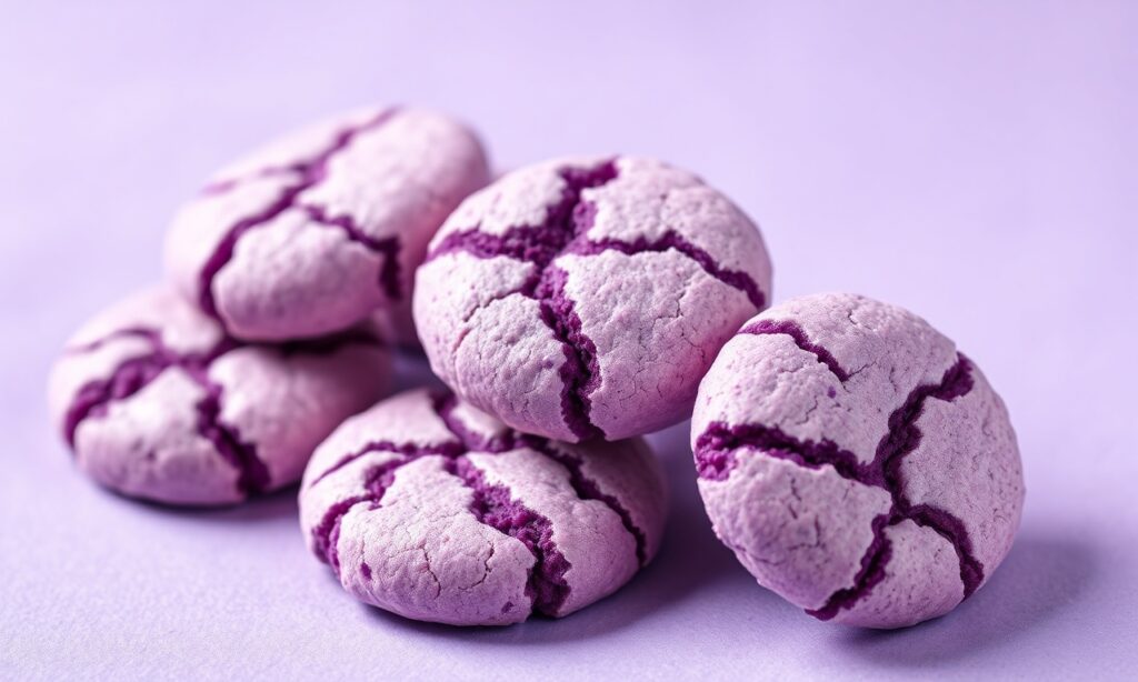 Vibrant ube crinkle cookies: luminous, cheerful, irresistibly chewy classic treat.