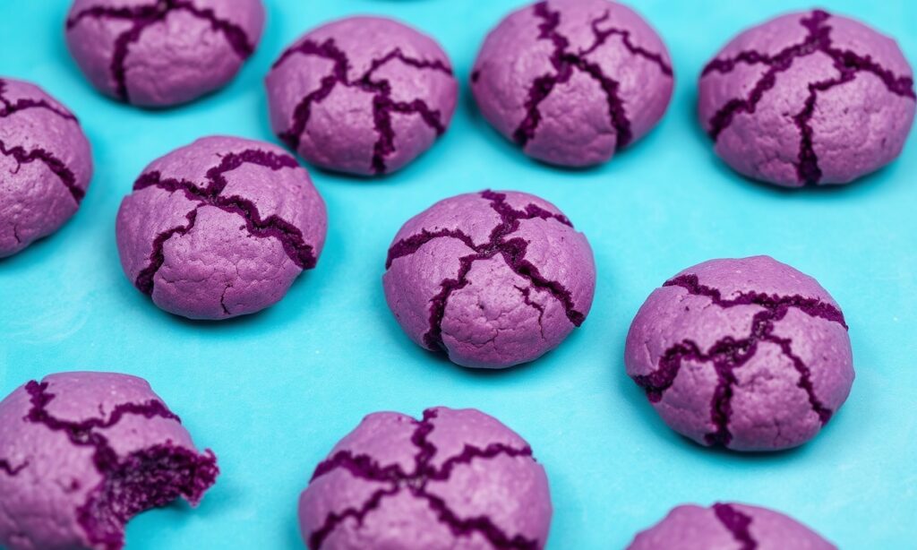 Vibrant ube crinkle cookies: luminous, cheerful, irresistibly chewy classic treat.