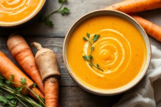Golden rutabaga carrot soup: rich, nourishing, and delicious harvest recipe.