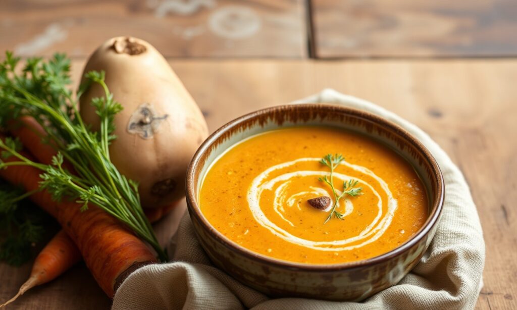 Golden rutabaga carrot soup: nourishing autumn harvest recipe.