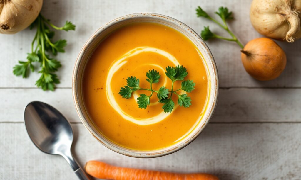 Golden rutabaga carrot soup: nourishing autumn harvest recipe.