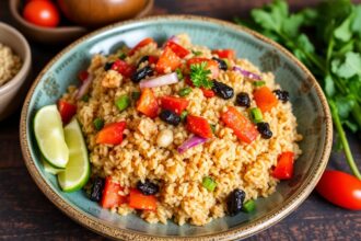 Vibrant Peruvian quinoa chaufa stir-fry fusion dish.