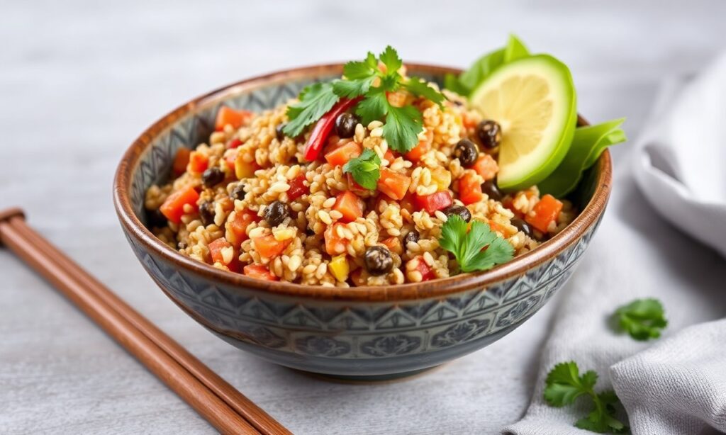 Peruvian Quinoa Chaufa: vibrant stir-fry, hearty fusion dish.