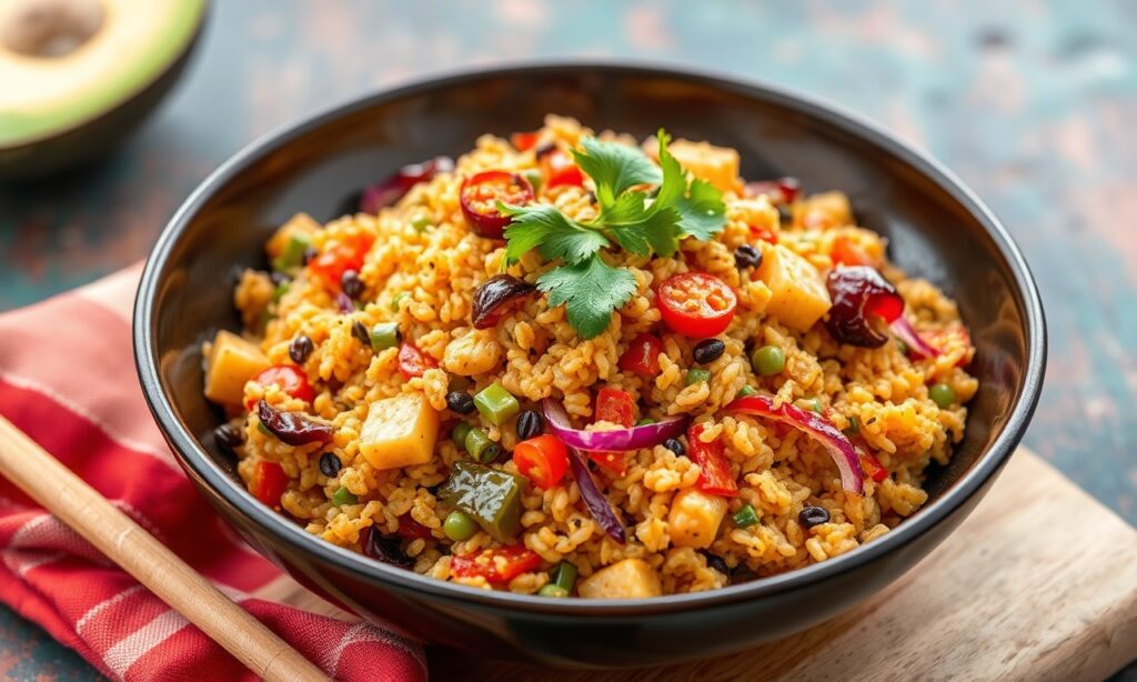 Vibrant Peruvian Quinoa Chaufa stir-fry fusion dish.