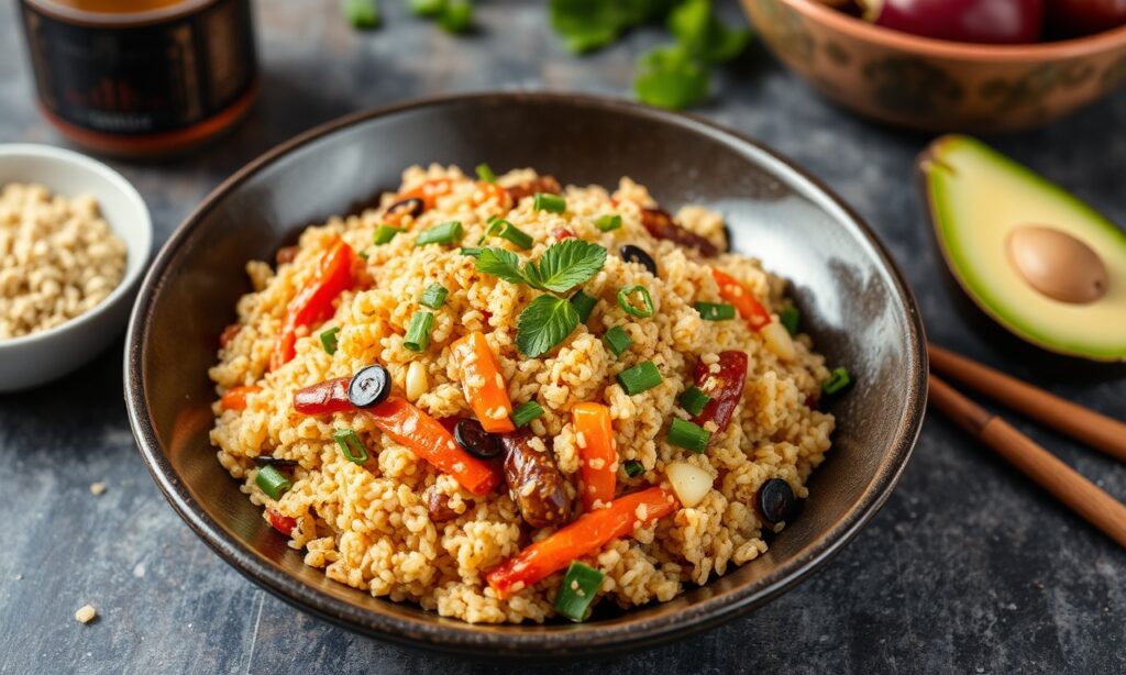 Vibrant Peruvian Quinoa Chaufa stir-fry fusion dish.