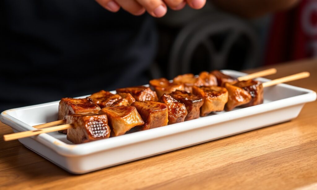 Savoring Moo Ping: Delicious Thai grilled beef skewers captured in a photo.