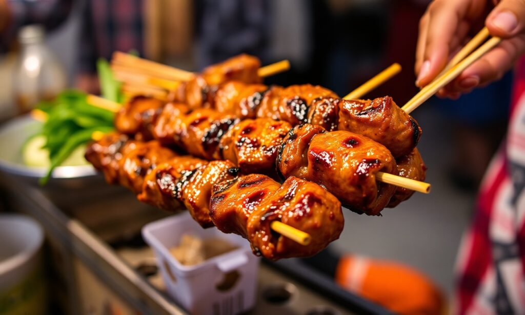 Savoring Moo Ping: Delicious Thai grilled beef skewers from bustling markets.