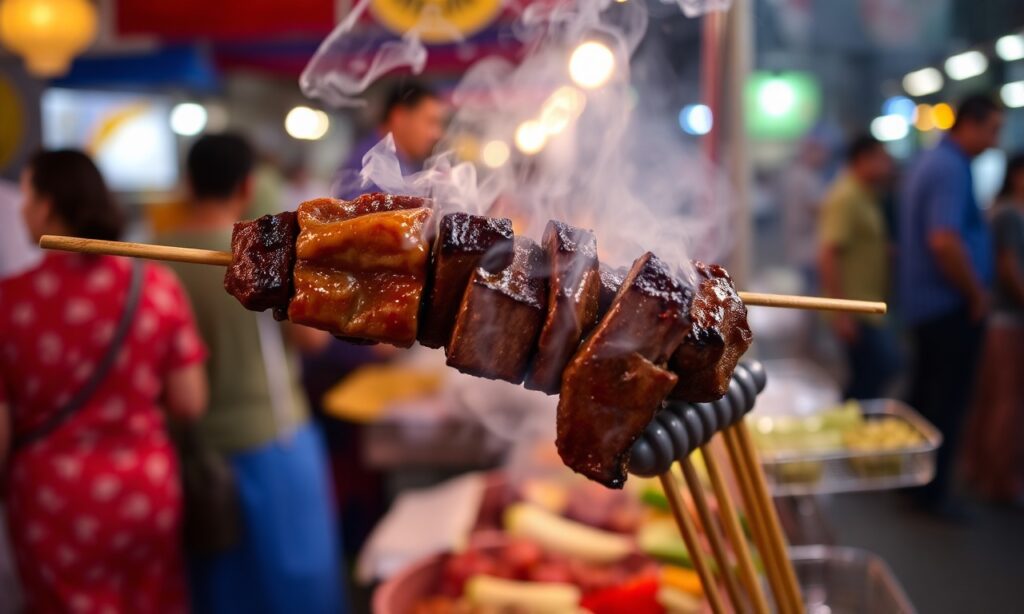Savoring Moo Ping: Delicious Thai grilled beef skewers from bustling markets.
