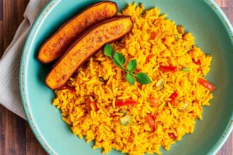 Golden Harmony: Jollof rice and sweet fried plantains.
