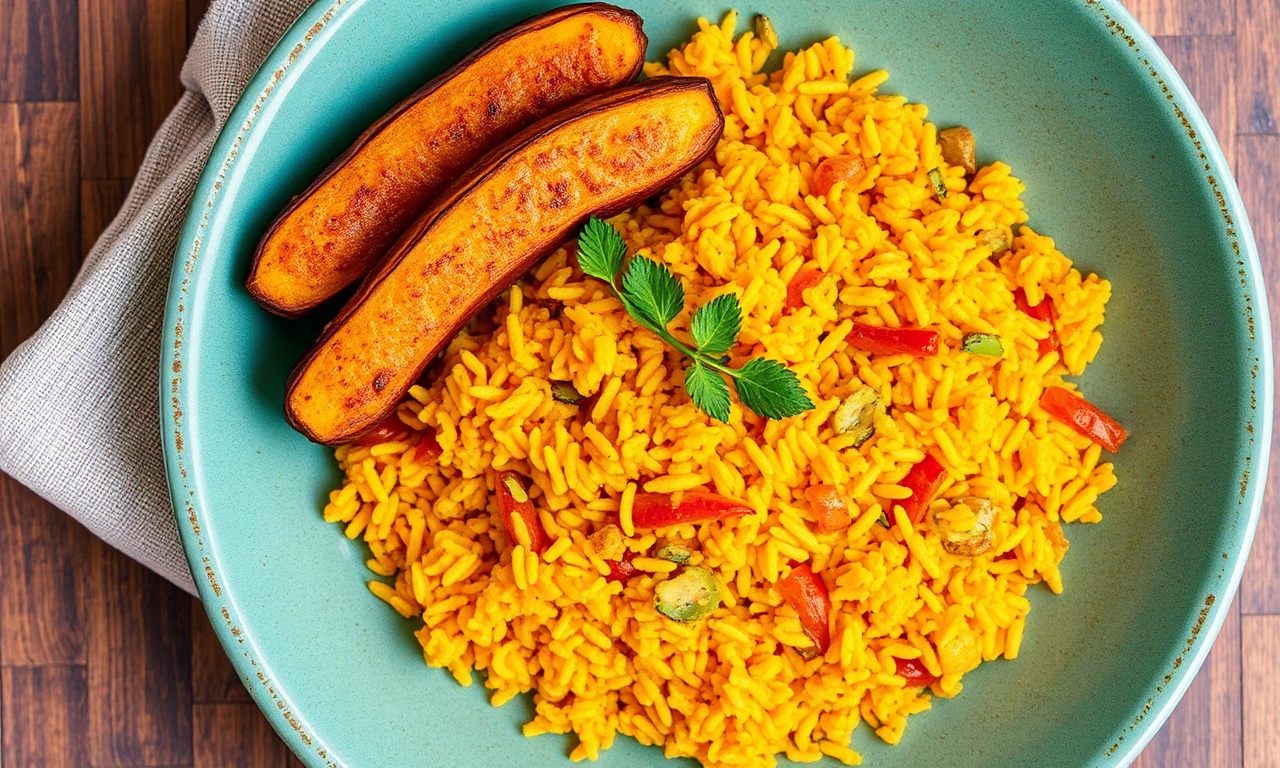 Golden Harmony: Jollof rice and sweet fried plantains.