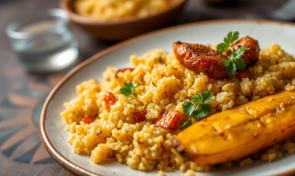 Golden Harmony: Jollof rice and fried plantains, a vibrant dish.