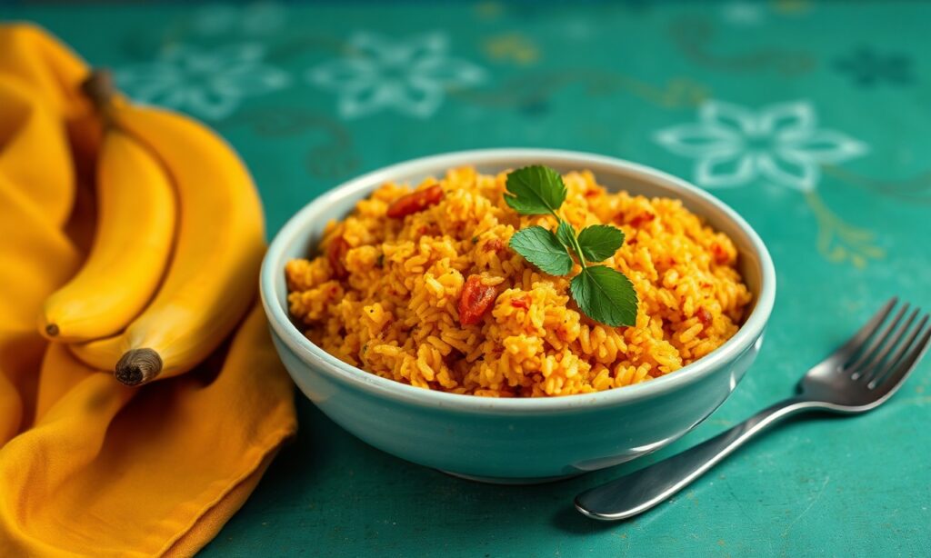 Golden Harmony: Jollof rice and fried plantains, vibrant West African cuisine.
