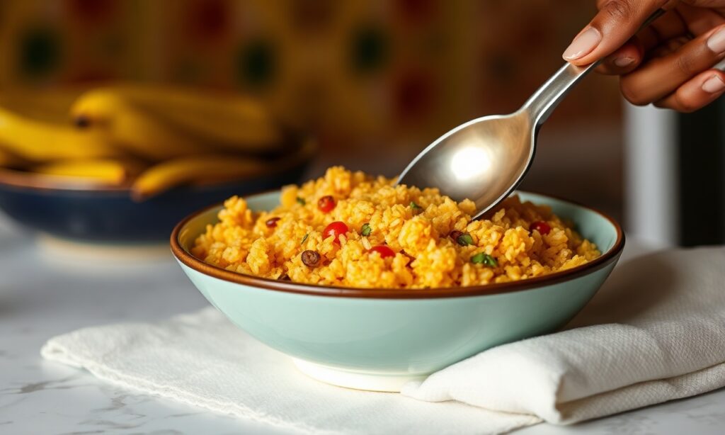 Golden Harmony: Jollof rice and fried plantains, vibrant West African cuisine.